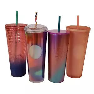 Starbucks Tumbler Venti Cold Cup 24oz Pink Rainbow Studded Jeweled Lot of 4 - Picture 1 of 3