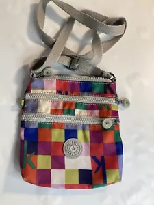 Kipling Rainbow Color Checkerboard Mini Pouch Nylon Crossbody Shoulder Bag - Picture 1 of 5