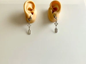 Inverted Cross Razor Blade Charms Hoop Huggie Earrings Punk Goth Dark - Picture 1 of 3