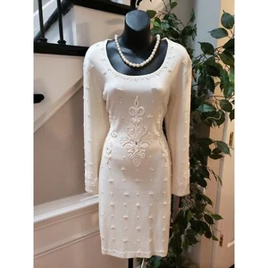 Vintage Carole Little Sheath Dress Medium Ivory Wool Beaded Floral Long Sleeve - Picture 1 of 10