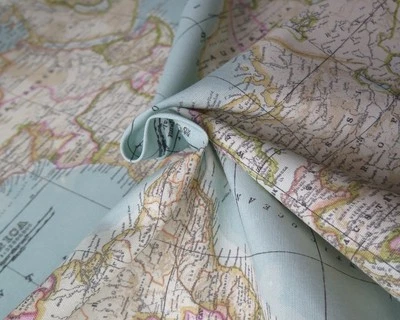 WELTKARTE 2 Globus Atlas Möbelstoff Baumwolle Material 140 cm breit HIMMELBLAU - Bild 1 von 4