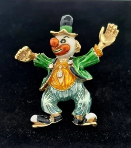 Vintage 14k Solid Yellow Gold Three Diamond Enameled Clown Brooch Signed 45x43mm - Picture 1 of 11
