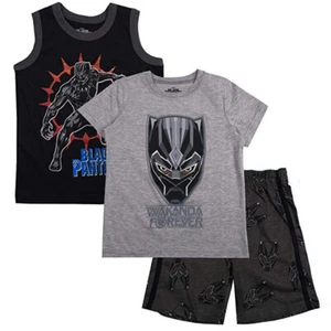 Black Panther Boys Gray & Multi 3pc Short Set Size 2T 3T 4T 6 7 - Picture 1 of 3