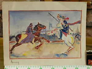 Rudolf Heene Aquarell antik Tjost Lanzenstechen Ritter Pferde Lanze expressiv 5 - Bild 1 von 2