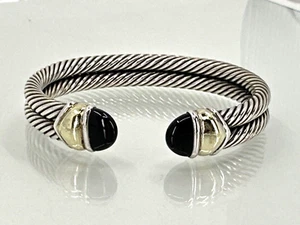 DAVID YURMAN 585 14K YG 925 Sterling Onyx Cabochon Double Cable Cuff Bracelet - Picture 1 of 9