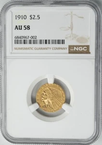 1910 $2 1/2 Gold Indian $2.5 AU58 NGC 949960-1 - Picture 1 of 4