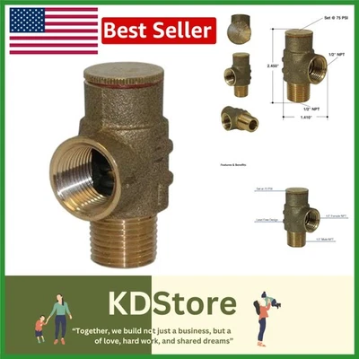 No-Lead Brass Pressure Relief Valve 1/2 Inch 75 PSI for Cold Water Systems - Image 1 of 4