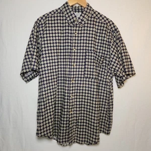 80s Field Gear Shirt Navy Linen Ramie Blend Geometric Quatrefoil Oversize Size M - Picture 1 of 5
