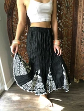 Boho Long Skirt, Crinkled Skirt, Black White Printed A-line Cotton Skirts M 