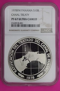 1978 Panama PF 67 Ultra Cameo Proof Silver 10 Balboas Canal Treaty Slab NGC 577 - Picture 1 of 3