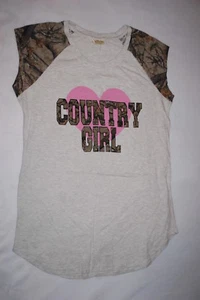 Womens Sleep Shirt COUNTRY GIRL Gray Variegated CAMO SLEEVES Pink Heart 1X 16W - Picture 1 of 1