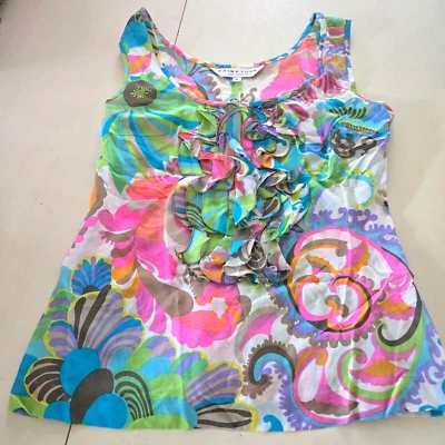 TRINA TURK PINK/BLUE/LIME 60'S POP CAMISOLE SLEEVELESS TANK TOP 100% SILK SIZE 0 - Image 1 of 4