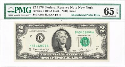 1976 Series $2 Federal Reserve Note Mismatched Prefix Error PMG GEM-65 EPQ - Image 1 of 2