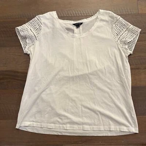 Lands' End Pullover Top Women Size Large White Round Neck Open Knit Short Sleeve - Picture 1 of 8
