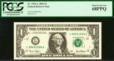 Top Pop 2001 $1 FRN PCGS 68PPQ highest graded San Francisco Fr 1926-L - Image 1 of 3