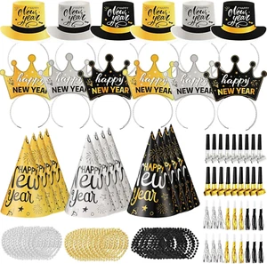 84Pcs New Year’s Eve Party Supplies for 24 Guest Black Gold Wearables Noisemaker - Picture 1 of 6