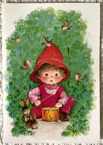 Unbenutzte Weihnachtskarte kleiner Trommel Hase Vögel Vintage 60er Jahre - Bild 1 von 4