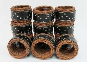 Set of 12 Napkin Rings Holders Black Woven Rattan/Faux Leather Teasaco RAT7906 - Picture 1 of 3