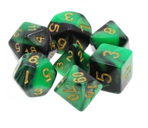 New 7 Piece Black Green Gemini Polyhedral Dice Set – Green Bag – RPG D&D - Picture 1 of 2