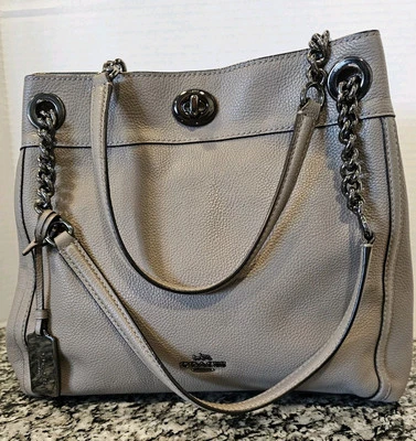 Coach Edie Turn lock Shoulder Bag Leather 3 Comp Beautiful Chain Strap Taupe - Image 1 of 4