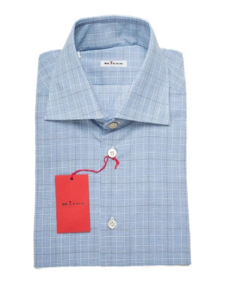 Kiton $1,295 NWT Blue White Brown Plaid Cotton Linen Dress Shirt (41 eu) 16 US - Image 1 of 4