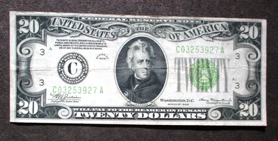 20 DOLLARS 1934 FEDERAL RESERVE NOTE OF UNITED STATES C03253927A ~ GREEN SEAL - Image 1 of 2