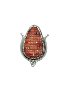 Beverly Etsate, Pin, Red Spiny Oyster Shell, Multi-Stone, Zuni Handmade, 1 3/4" - Picture 1 of 3