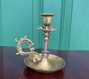 Antique Brass Chamberstick Candle Holder - Dragon Handle - Empire Style - Patina - Picture 1 of 9