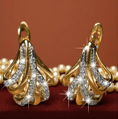 Luxuriöse Damen Tropfen Form Creole Edel 14K Gelbgold vergoldet AA Zirkonia Luxe - Bild 1 von 4