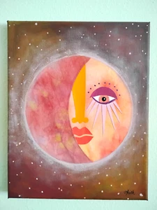 Celestial Boho Moon Wall Art Colorful Moon Canvas Art Cosmos Galaxy 8x10 - Picture 1 of 3