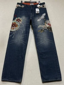 Unused Karakuri Tamashii Denim Men's Jeans Pants Crane Embroidered Blue Size 36 - Picture 1 of 10