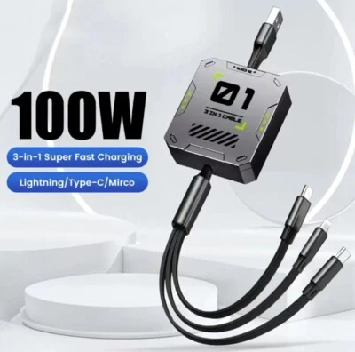 Cable de datos de teléfono retráctil 3 en 1 tipo C USB 100 W cable de carga rápida adecuado - Imagen 1 de 4