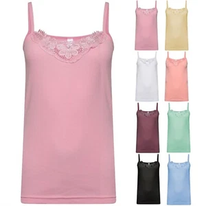 Ladies Plain Cotton Vest Top Lace Trim Neck Design Cami Tank Strappy Camisole - Picture 1 of 6