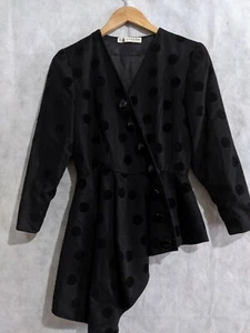 Lanvin Vintage 70s Polka Dot Velvet Asymmetric Black Party Dress France - Picture 1 of 7