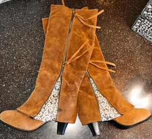 Stiefel Wildleder Spitzeneinsätze Reißverschlüsse Western braun kniehoch Retro romantisch Gr. 7 - Bild 1 von 7