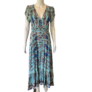 Aqua Blue Red Jaase Women Maxi Dress Size Medium Crochet Lace Accents - Bild 1 von 14