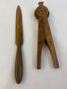 Pair Of Wood Collectibles Slovenia Nut Cracker Letter Opener Detailed Handmade - Picture 1 of 12