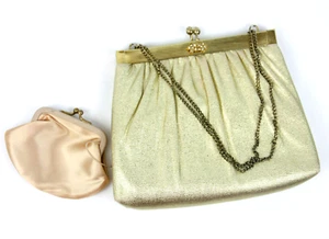 Vintage Harry Levine HL Metallic Gold Clam Shell Clutch Handbag w Coin Purse - Picture 1 of 9