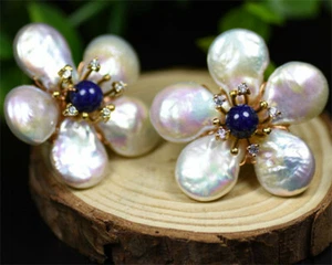 925 Silver Stud Earrings Natural Freshwater Petal Pearl Lapis Handmade Earrings - Picture 1 of 4