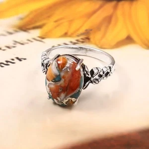 925 Sterling Silver Blue Oyster Turquoise Gemstone Jewelry Ring (US All Size) - Picture 1 of 3