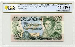 Falkland Islands 1986 £10, Pick 14a  - PCGS Superb GEM UNC 67 PPQ - Picture 1 of 2