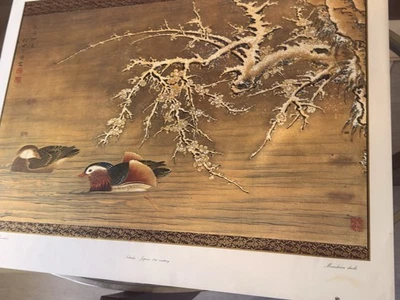 Painting, hanging scroll. Mandarin ducks swimming under snow-covered plum bough. - Image 1 of 3