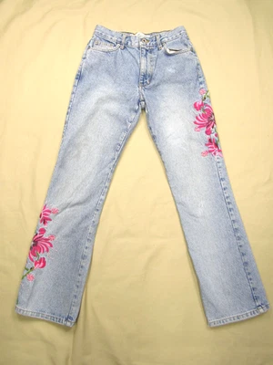 Винтажные женские джинсы Express Bleus с вышивкой размер 1/2 синие джинсовые вареные розовые - Изображение 1 из 4