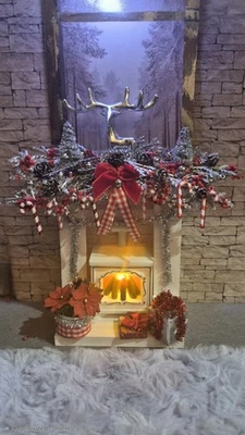 Dolls House Fire Place With Christmas  Decorations And Working Fire Hand Made Uk - Image 1 of 4