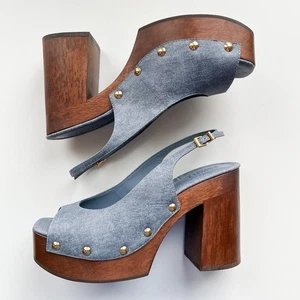 Schutz Rose Sling Leather Studded Platform Heel Sandal Infinite Blue Womens 9 B - Picture 1 of 15