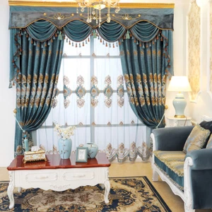 luxury Chenille upscale European blue embroidery thicken cloth curtain  N236* - Picture 1 of 8
