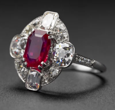 Shiny Deep Pink Emerald Cut 2.36CT Ruby With Clear 2.44CT CZ Art Deco Women Ring - Image 1 of 4
