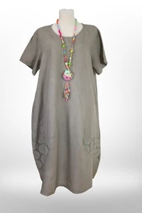 Ballon Leinen Kleid LONG 44 46 48 50 Lagenlook Stickerei 100%Leinen oliv grün - Bild 1 von 6