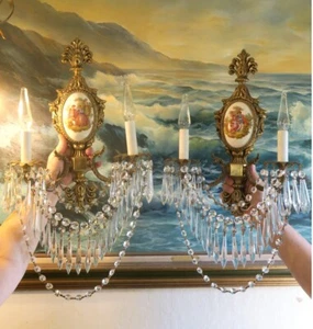 COPPIA applique vintage cristallo ottone bronzo porcellana Sevres Limoges Spagna francese - Foto 1 di 16