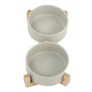 Wooden Ceramic 31cm Double Pet Bowl Dog Cat Twin Food Water Dish Feeding Station - Picture 1 of 17